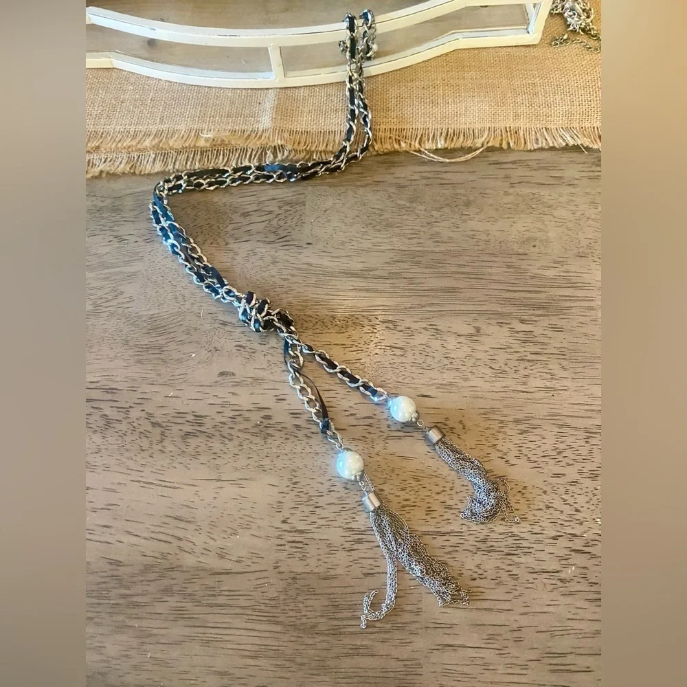 WHITE HOUSE BLACK MARKET Chain Ribbon Tassle Necklace | EUC | MSRP $149